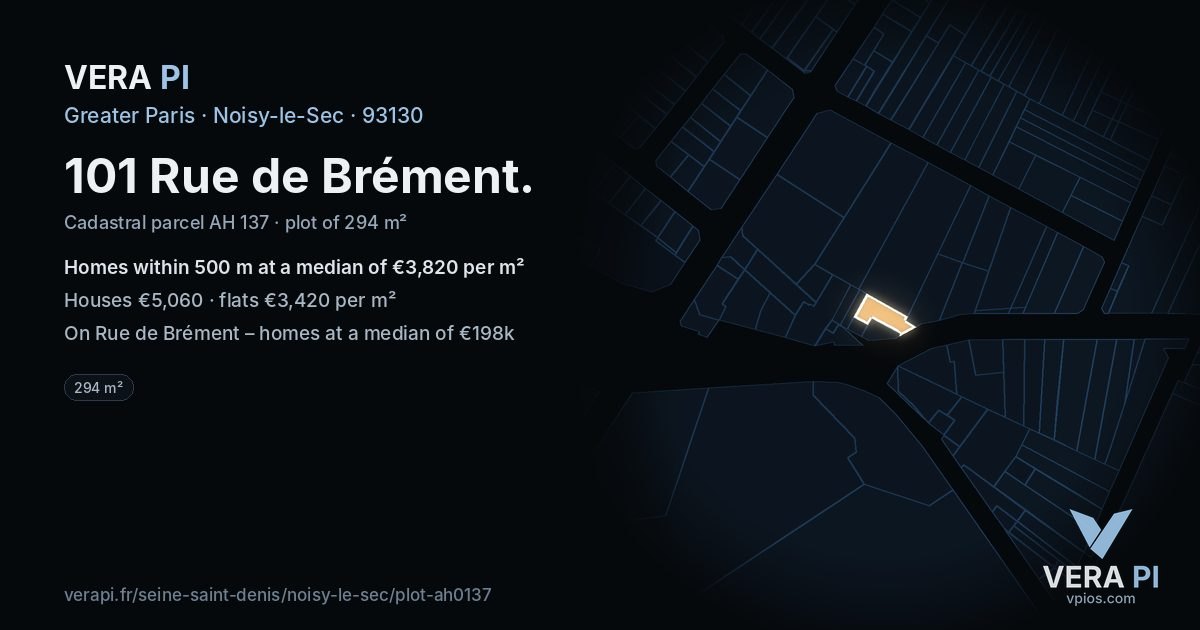 101 Rue de Brément, Noisy-le-Sec at night – the plot lit, the parcels around coloured by the prices near them
