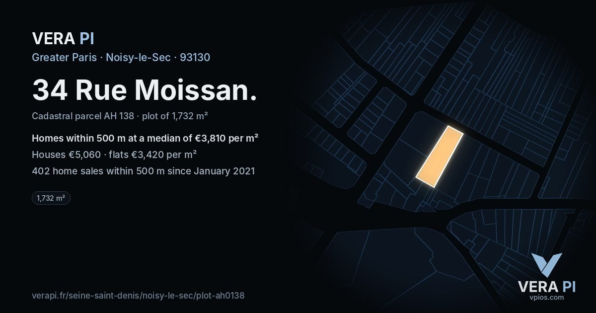 34 Rue Moissan, Noisy-le-Sec at night – the plot lit, the parcels around coloured by the prices near them