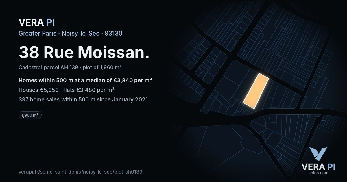 38 Rue Moissan, Noisy-le-Sec at night – the plot lit, the parcels around coloured by the prices near them