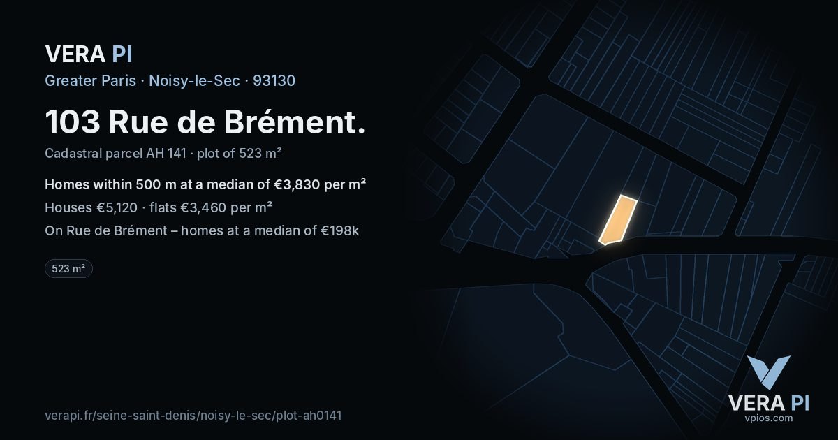 103 Rue de Brément, Noisy-le-Sec at night – the plot lit, the parcels around coloured by the prices near them