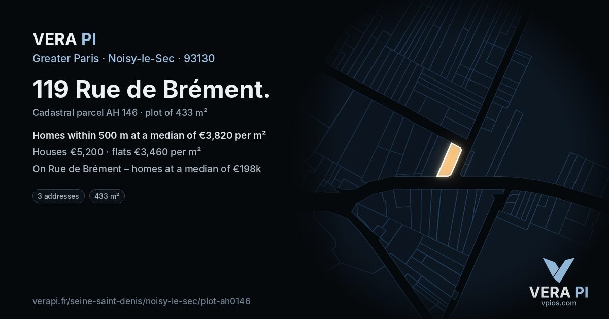 119 Rue de Brément, Noisy-le-Sec at night – the plot lit, the parcels around coloured by the prices near them