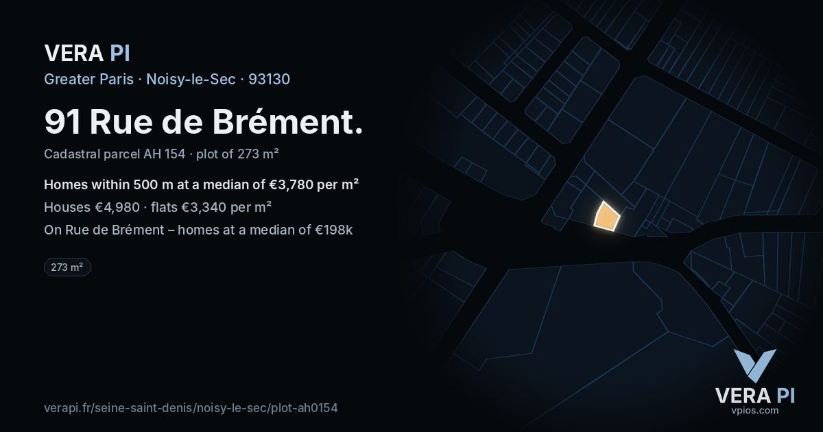 91 Rue de Brément, Noisy-le-Sec at night – the plot lit, the parcels around coloured by the prices near them