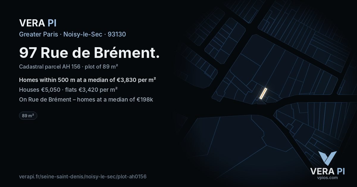 97 Rue de Brément, Noisy-le-Sec at night – the plot lit, the parcels around coloured by the prices near them