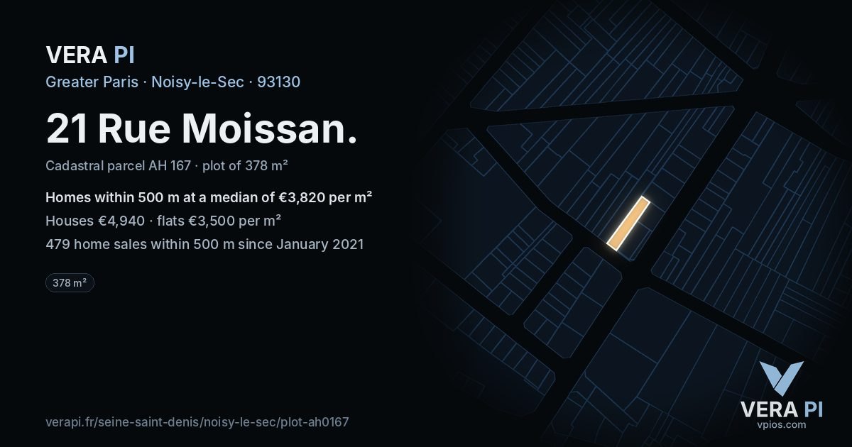21 Rue Moissan, Noisy-le-Sec at night – the plot lit, the parcels around coloured by the prices near them