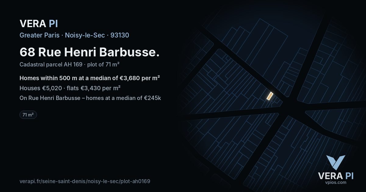 68 Rue Henri Barbusse, Noisy-le-Sec at night – the plot lit, the parcels around coloured by the prices near them