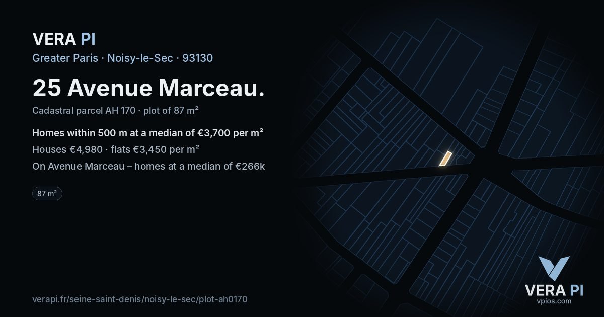 25 Avenue Marceau, Noisy-le-Sec at night – the plot lit, the parcels around coloured by the prices near them