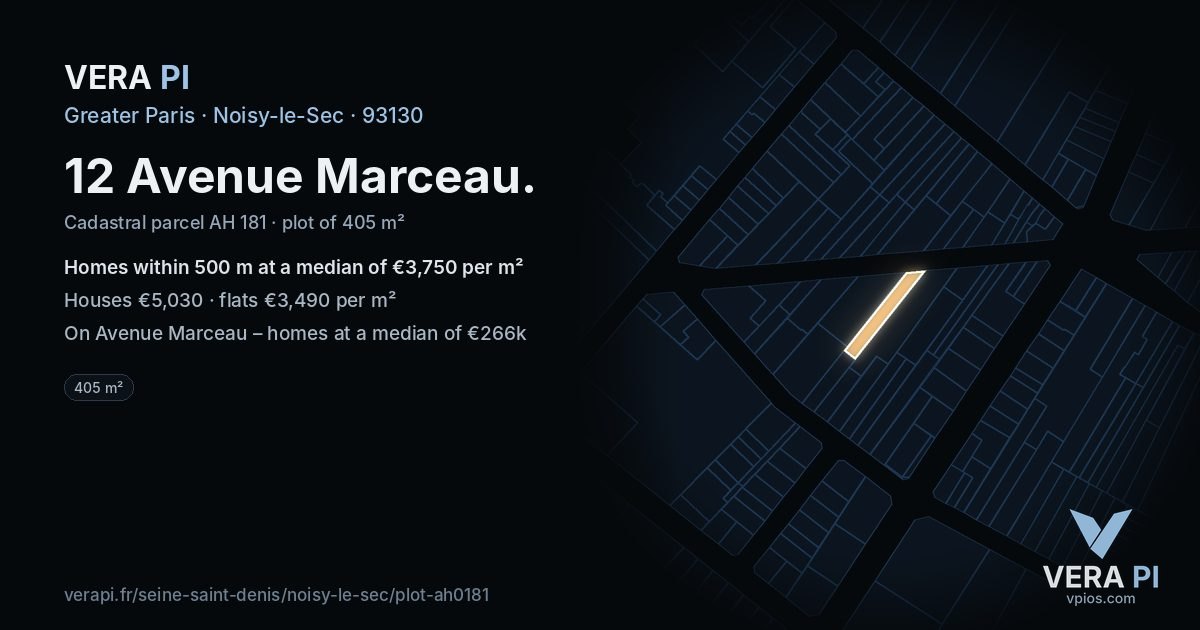 12 Avenue Marceau, Noisy-le-Sec at night – the plot lit, the parcels around coloured by the prices near them