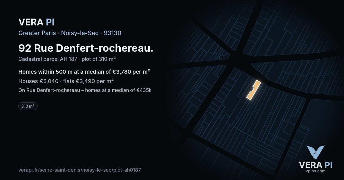 92 Rue Denfert-rochereau, Noisy-le-Sec at night – the plot lit, the parcels around coloured by the prices near them