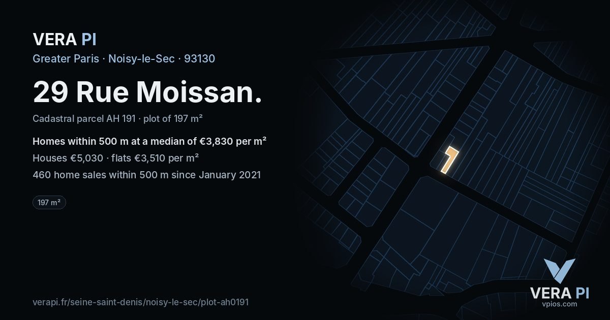 29 Rue Moissan, Noisy-le-Sec at night – the plot lit, the parcels around coloured by the prices near them