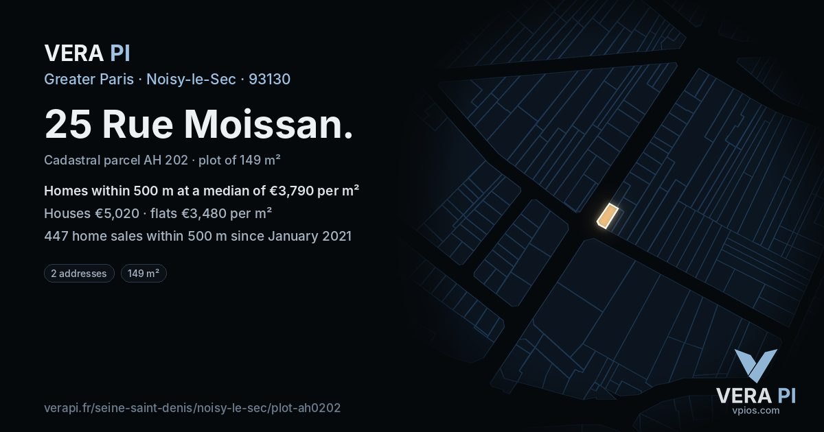 25 Rue Moissan, Noisy-le-Sec at night – the plot lit, the parcels around coloured by the prices near them