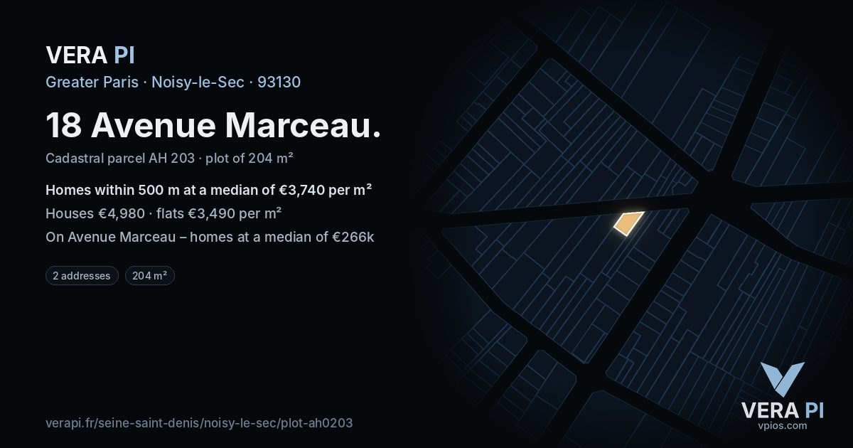 18 Avenue Marceau, Noisy-le-Sec at night – the plot lit, the parcels around coloured by the prices near them