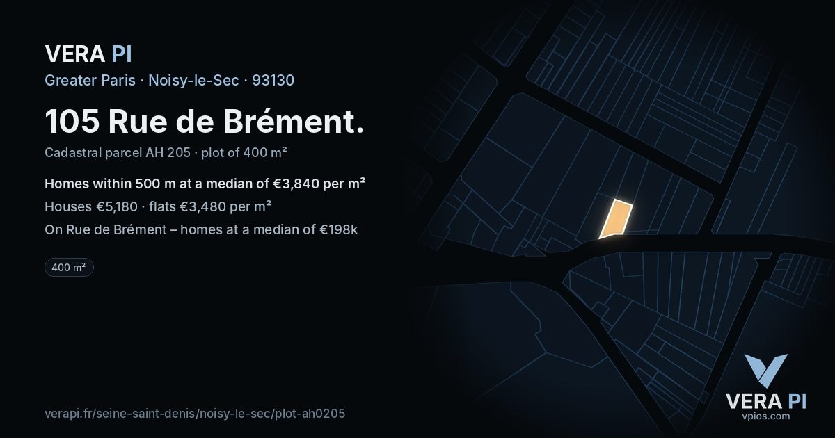 105 Rue de Brément, Noisy-le-Sec at night – the plot lit, the parcels around coloured by the prices near them