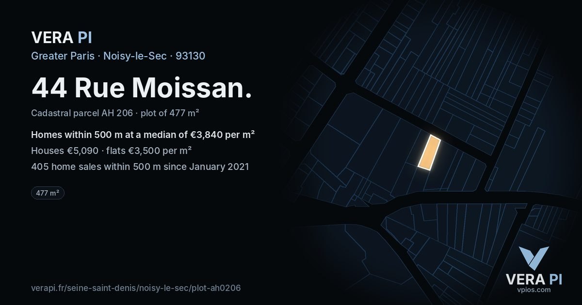 44 Rue Moissan, Noisy-le-Sec at night – the plot lit, the parcels around coloured by the prices near them