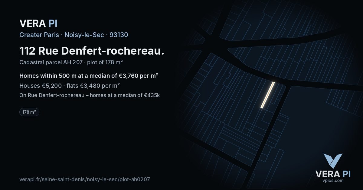 112 Rue Denfert-rochereau, Noisy-le-Sec at night – the plot lit, the parcels around coloured by the prices near them