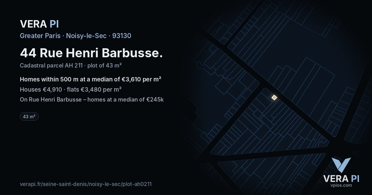 44 Rue Henri Barbusse, Noisy-le-Sec at night – the plot lit, the parcels around coloured by the prices near them