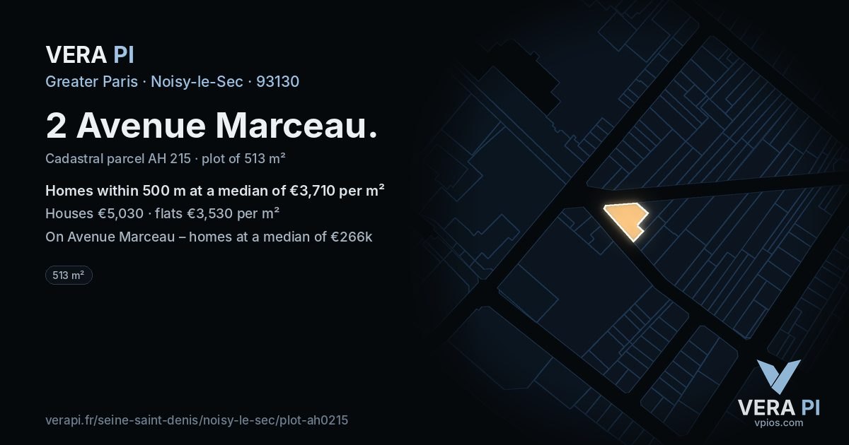 2 Avenue Marceau, Noisy-le-Sec at night – the plot lit, the parcels around coloured by the prices near them