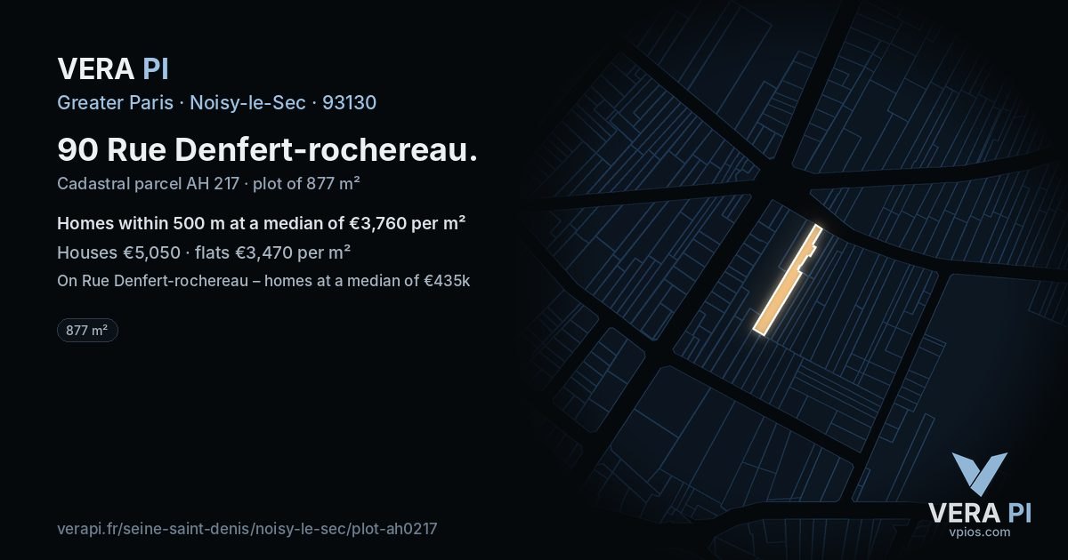 90 Rue Denfert-rochereau, Noisy-le-Sec at night – the plot lit, the parcels around coloured by the prices near them