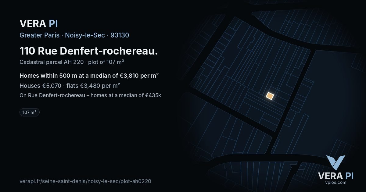 110 Rue Denfert-rochereau, Noisy-le-Sec at night – the plot lit, the parcels around coloured by the prices near them