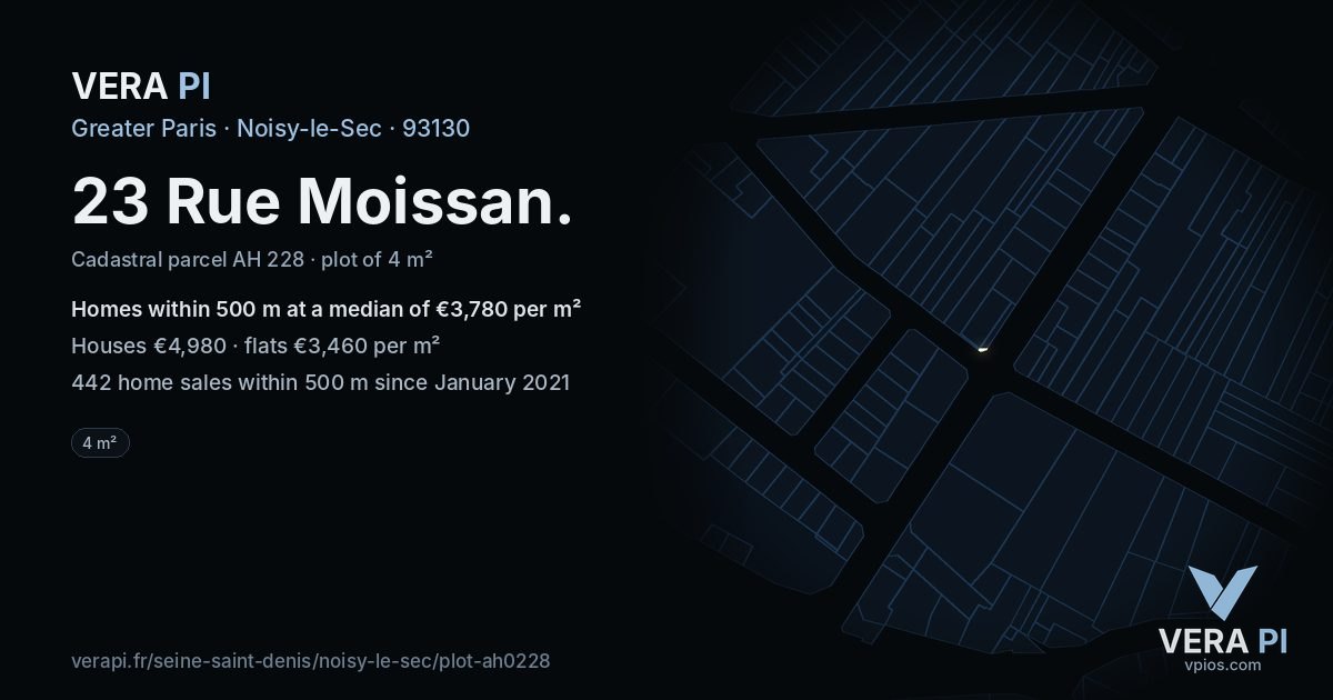 23 Rue Moissan, Noisy-le-Sec at night – the plot lit, the parcels around coloured by the prices near them