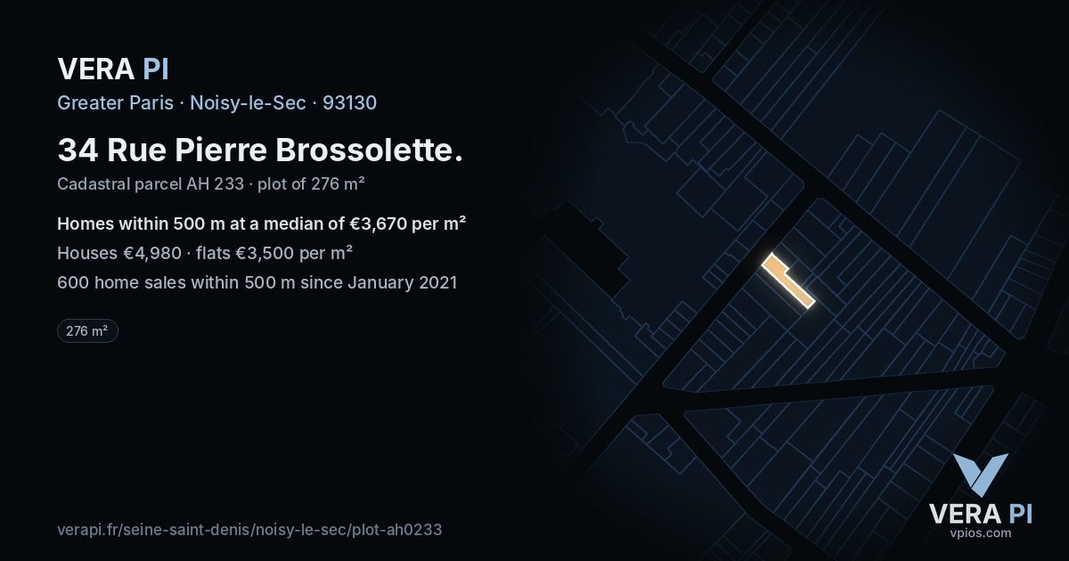 34 Rue Pierre Brossolette, Noisy-le-Sec at night – the plot lit, the parcels around coloured by the prices near them