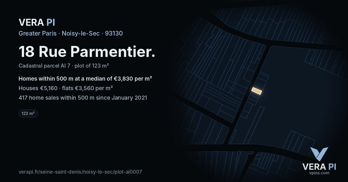 18 Rue Parmentier, Noisy-le-Sec at night – the plot lit, the parcels around coloured by the prices near them