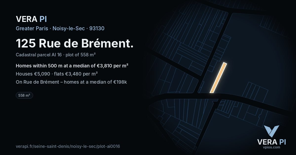 125 Rue de Brément, Noisy-le-Sec at night – the plot lit, the parcels around coloured by the prices near them