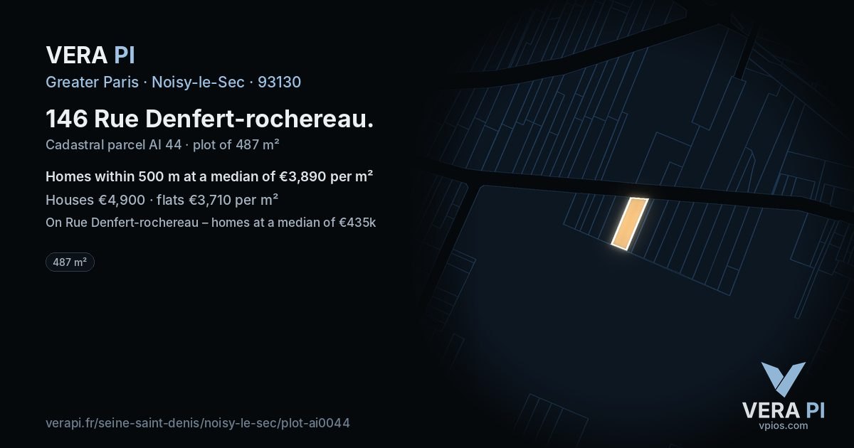 146 Rue Denfert-rochereau, Noisy-le-Sec at night – the plot lit, the parcels around coloured by the prices near them