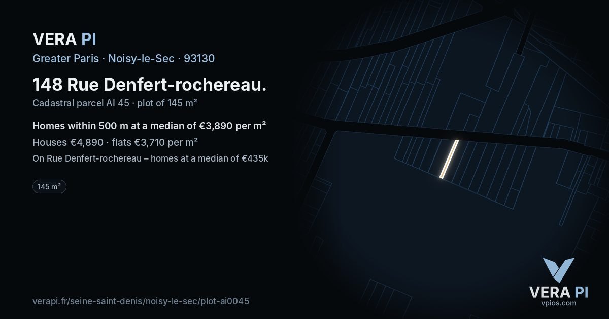 148 Rue Denfert-rochereau, Noisy-le-Sec at night – the plot lit, the parcels around coloured by the prices near them