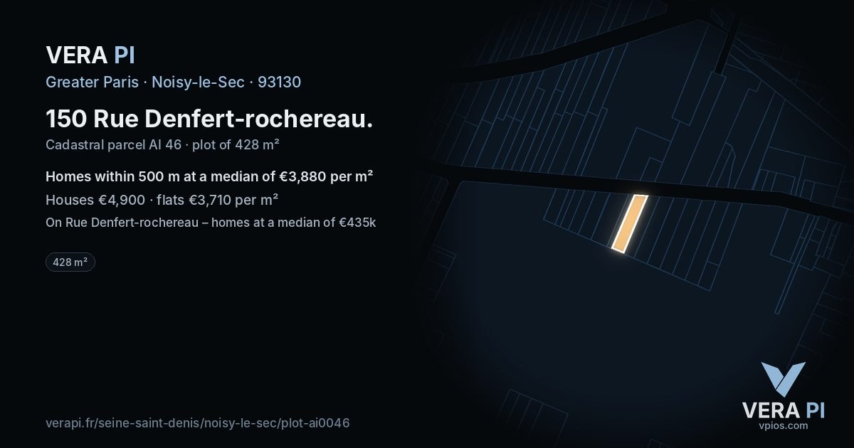 150 Rue Denfert-rochereau, Noisy-le-Sec at night – the plot lit, the parcels around coloured by the prices near them