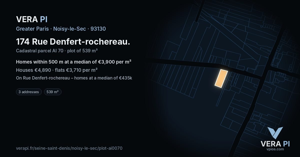 174 Rue Denfert-rochereau, Noisy-le-Sec at night – the plot lit, the parcels around coloured by the prices near them