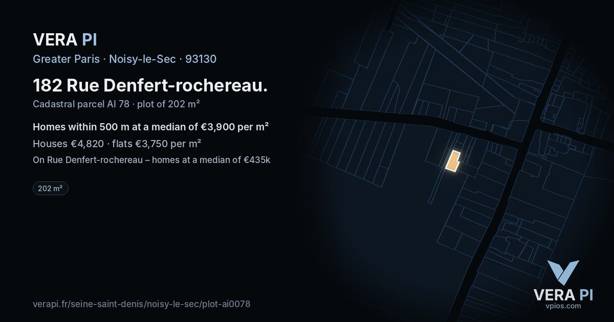 182 Rue Denfert-rochereau, Noisy-le-Sec at night – the plot lit, the parcels around coloured by the prices near them