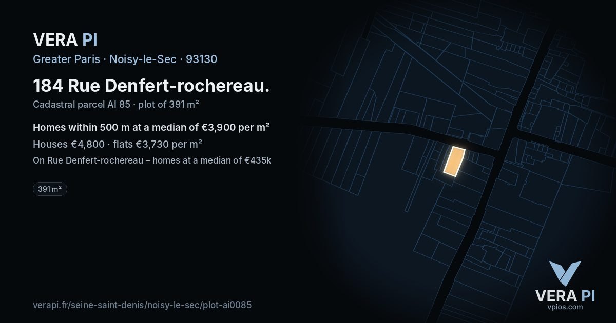 184 Rue Denfert-rochereau, Noisy-le-Sec at night – the plot lit, the parcels around coloured by the prices near them