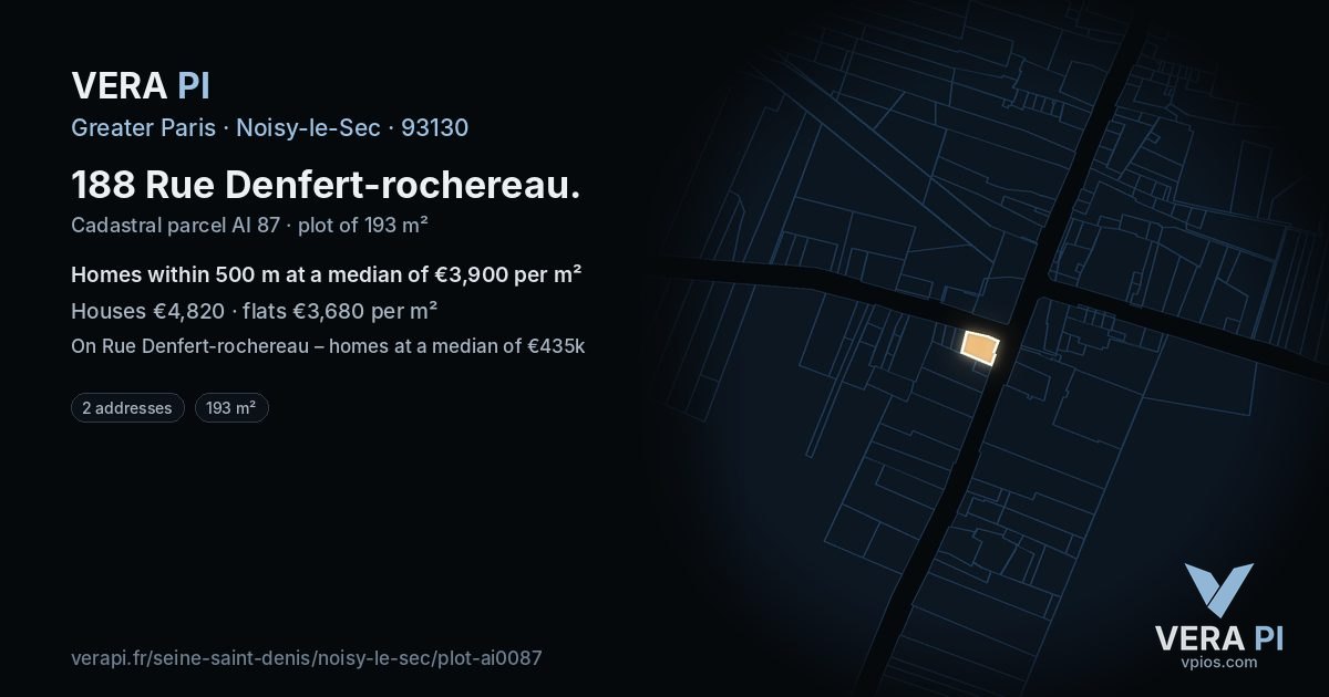 188 Rue Denfert-rochereau, Noisy-le-Sec at night – the plot lit, the parcels around coloured by the prices near them