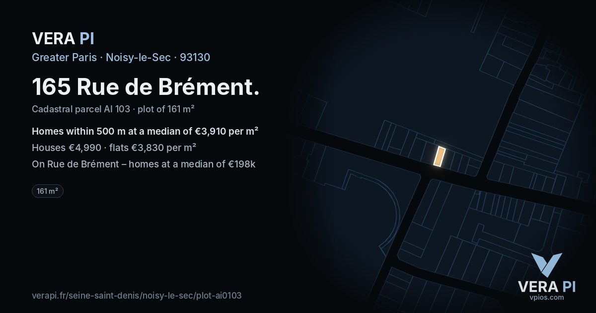 165 Rue de Brément, Noisy-le-Sec at night – the plot lit, the parcels around coloured by the prices near them