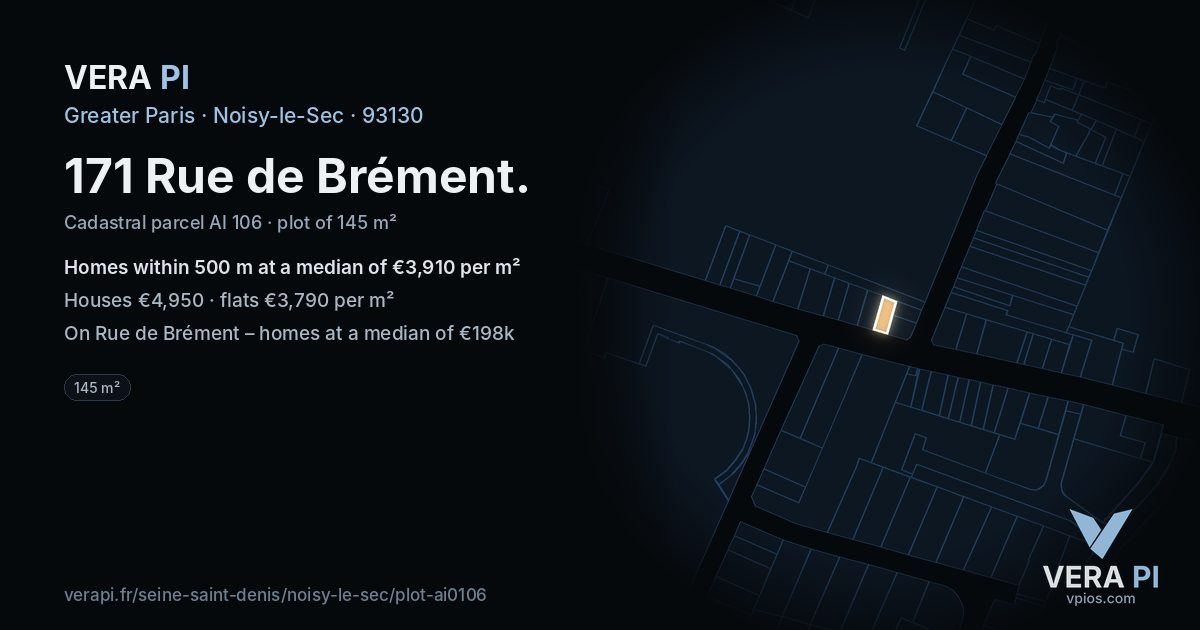 171 Rue de Brément, Noisy-le-Sec at night – the plot lit, the parcels around coloured by the prices near them