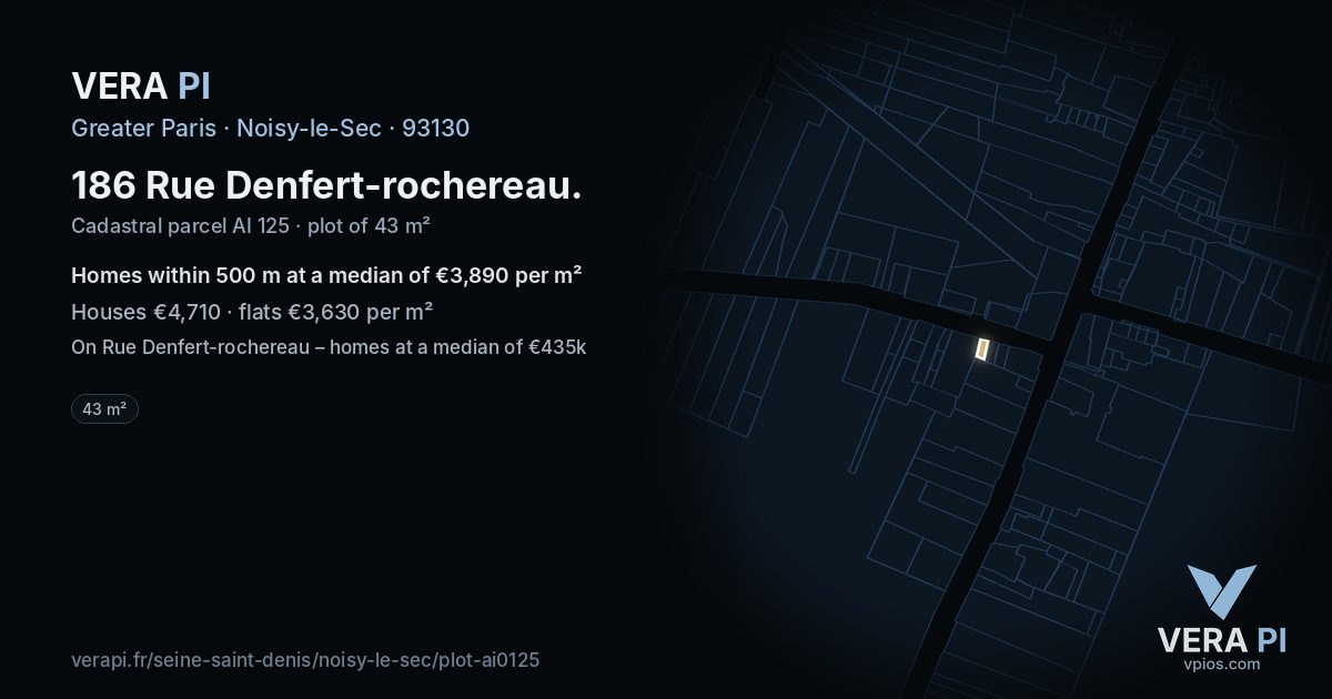 186 Rue Denfert-rochereau, Noisy-le-Sec at night – the plot lit, the parcels around coloured by the prices near them