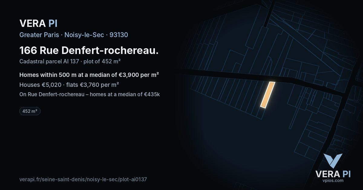 166 Rue Denfert-rochereau, Noisy-le-Sec at night – the plot lit, the parcels around coloured by the prices near them