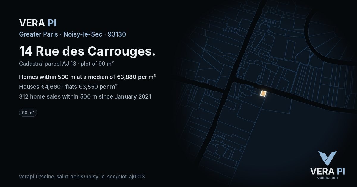 14 Rue des Carrouges, Noisy-le-Sec at night – the plot lit, the parcels around coloured by the prices near them