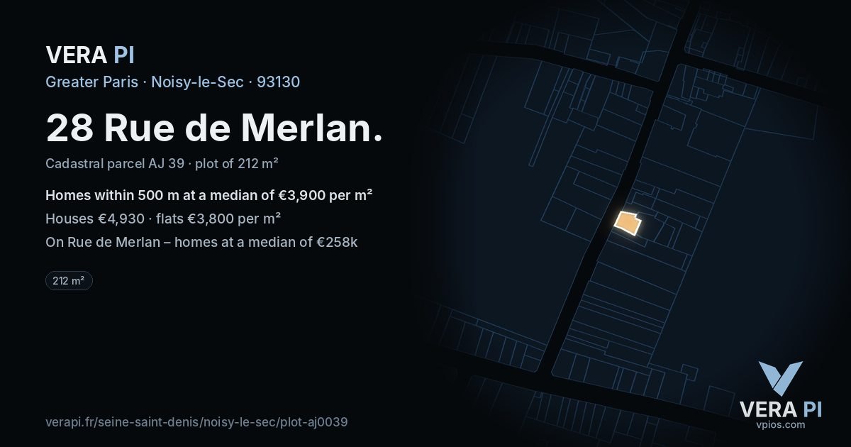 28 Rue de Merlan, Noisy-le-Sec at night – the plot lit, the parcels around coloured by the prices near them