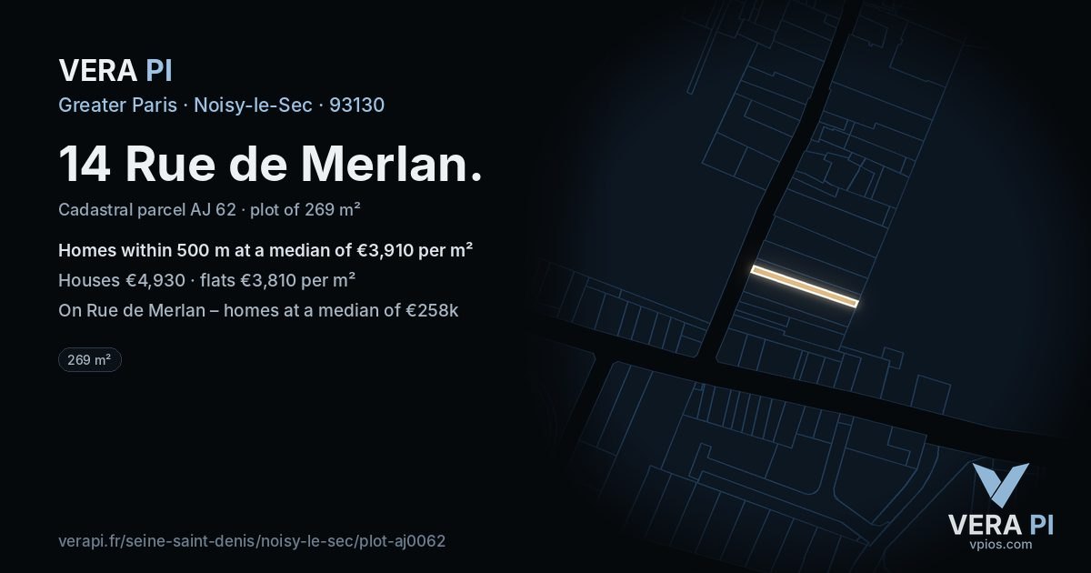 14 Rue de Merlan, Noisy-le-Sec at night – the plot lit, the parcels around coloured by the prices near them