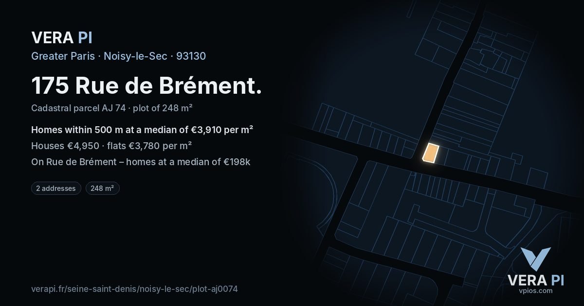 175 Rue de Brément, Noisy-le-Sec at night – the plot lit, the parcels around coloured by the prices near them