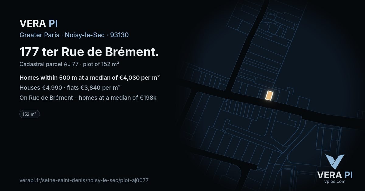 177 ter Rue de Brément, Noisy-le-Sec at night – the plot lit, the parcels around coloured by the prices near them