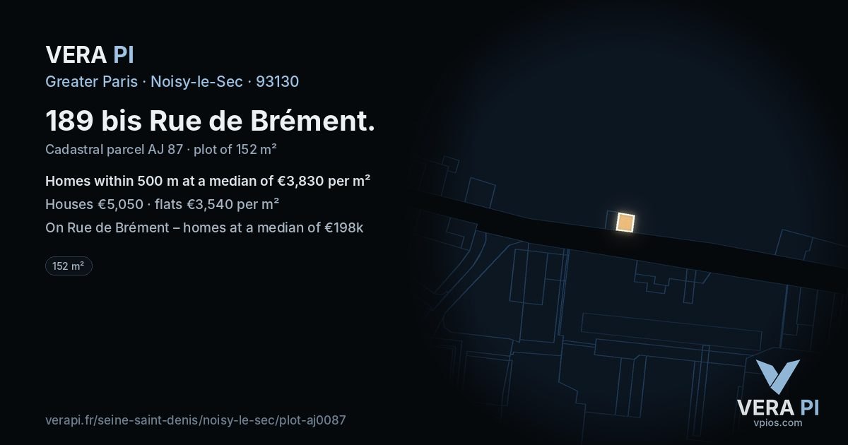 189 bis Rue de Brément, Noisy-le-Sec at night – the plot lit, the parcels around coloured by the prices near them