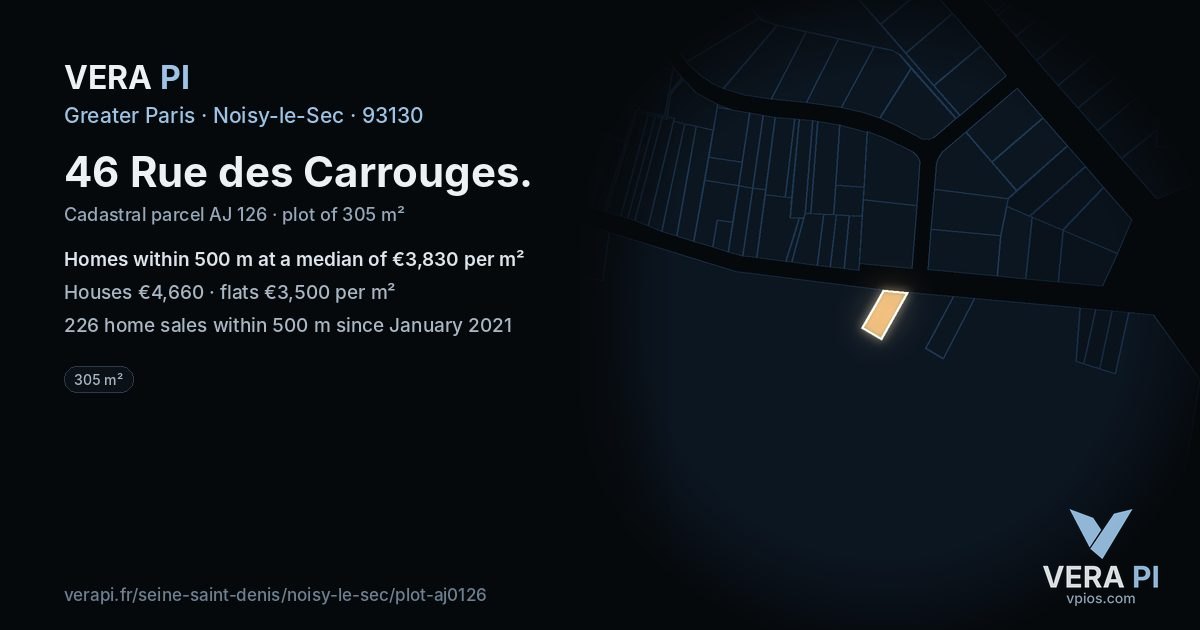 46 Rue des Carrouges, Noisy-le-Sec at night – the plot lit, the parcels around coloured by the prices near them