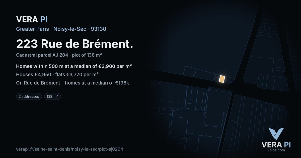 223 Rue de Brément, Noisy-le-Sec at night – the plot lit, the parcels around coloured by the prices near them