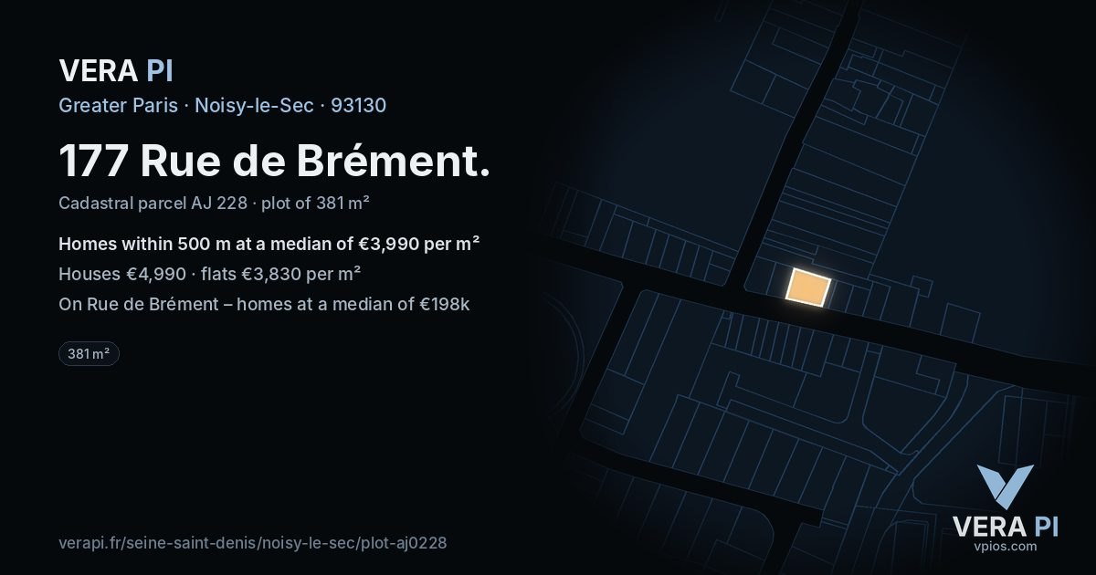177 Rue de Brément, Noisy-le-Sec at night – the plot lit, the parcels around coloured by the prices near them