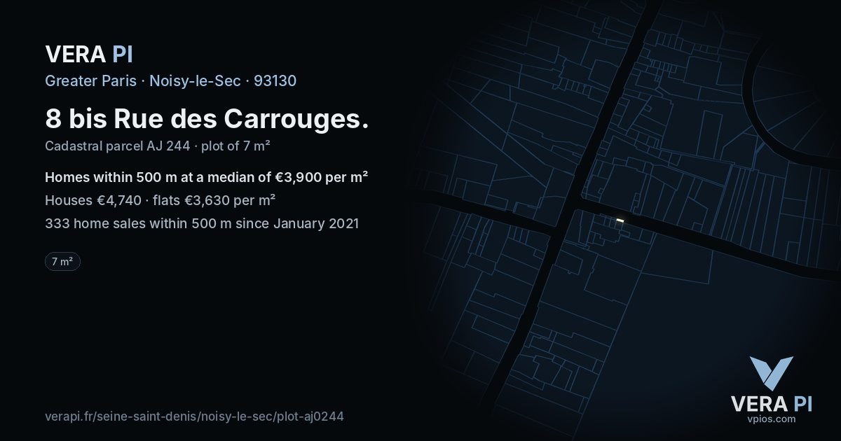 8 bis Rue des Carrouges, Noisy-le-Sec at night – the plot lit, the parcels around coloured by the prices near them