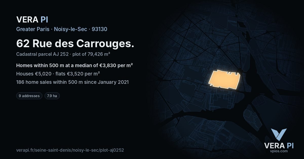 62 Rue des Carrouges, Noisy-le-Sec at night – the plot lit, the parcels around coloured by the prices near them