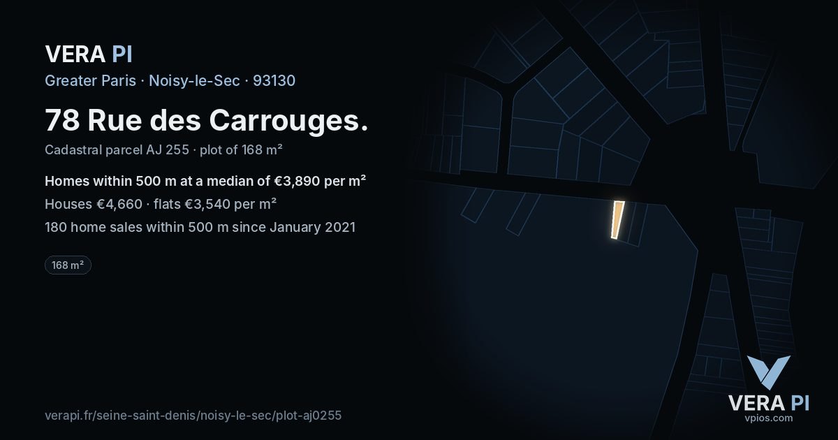 78 Rue des Carrouges, Noisy-le-Sec at night – the plot lit, the parcels around coloured by the prices near them