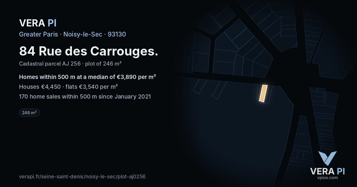 84 Rue des Carrouges, Noisy-le-Sec at night – the plot lit, the parcels around coloured by the prices near them